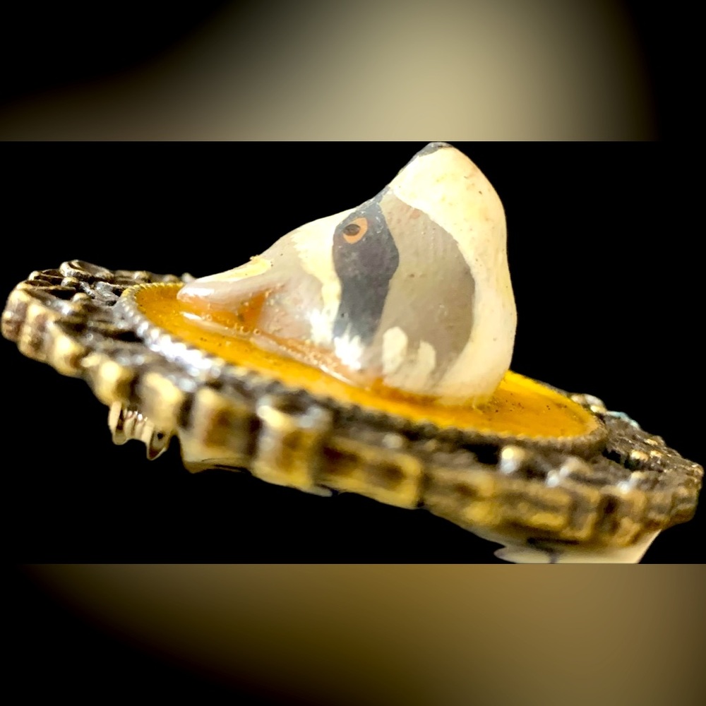 Relief Raccoon Head Painted Enameled Framed Brooch Pin Vintage